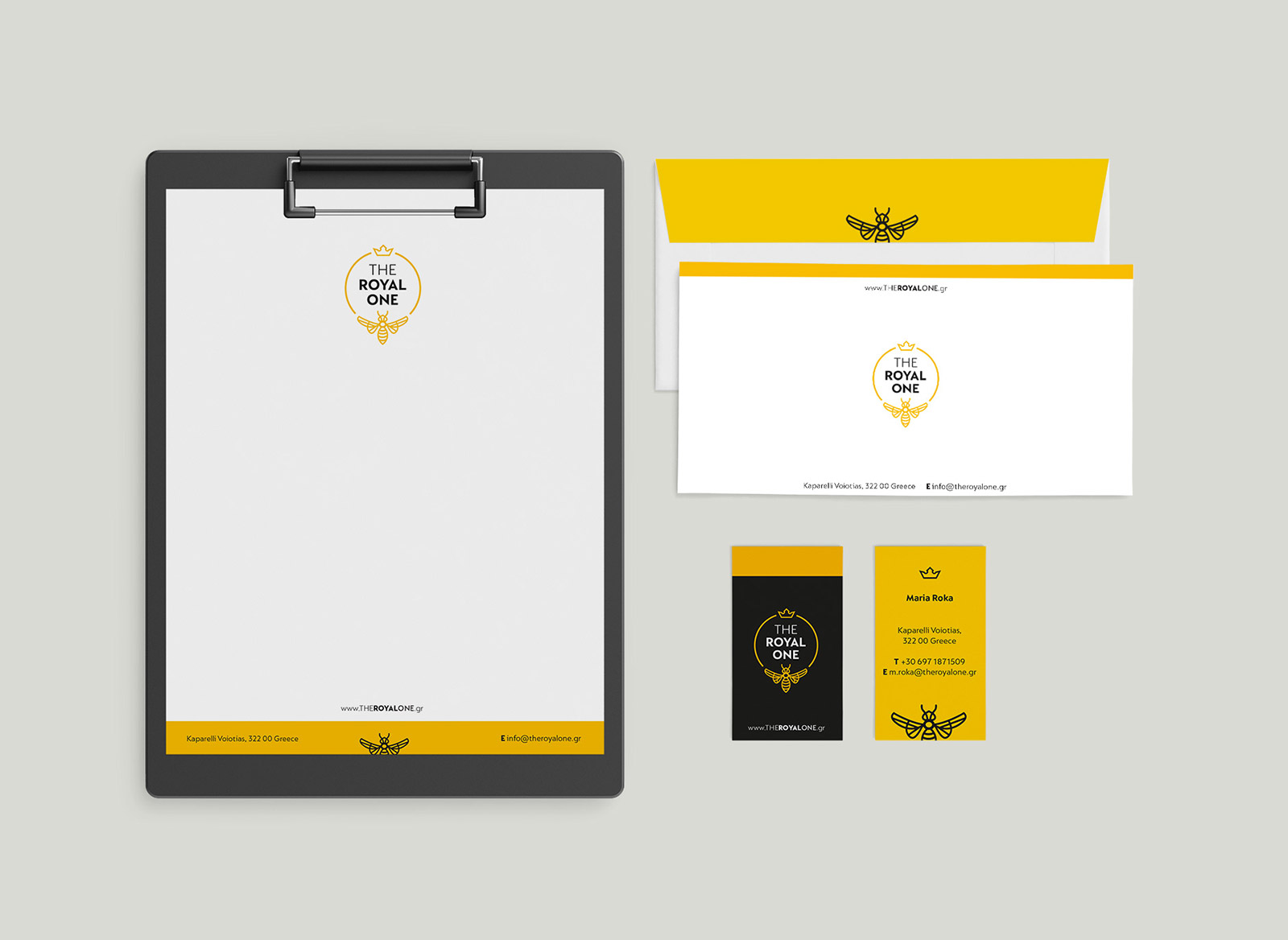 Corporate identity, letterhead, envelope and business cards modern design and for the royal one greek honey.