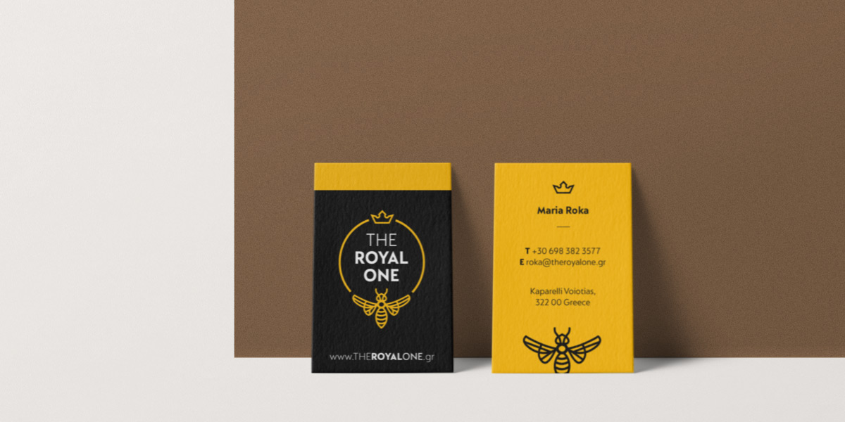Business cards and corporate identity for the royal one greek honey. Business cards design in yellow and black colour. Σχεδιασμός επαγγελματικών καρτών τυπωμένο σε ειδικό χαρτί στη χρωματική παλέτα του μαύρου και του κίτρινου.